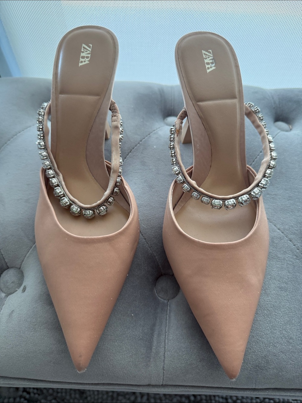 ZARA Blush Nude Pointed-Toe Slingback Mules with Rhinestone Strap
